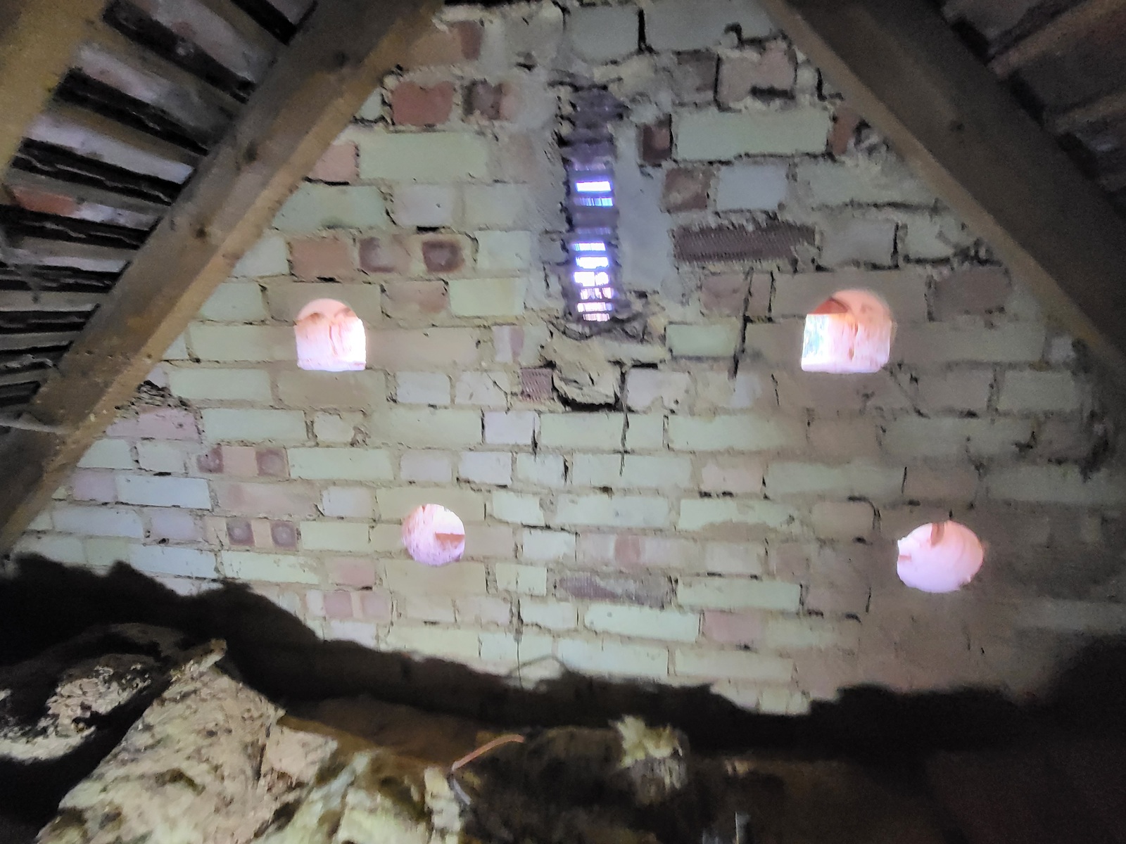 The inside of the attic wall showing four entrance holes and a ventilation slot